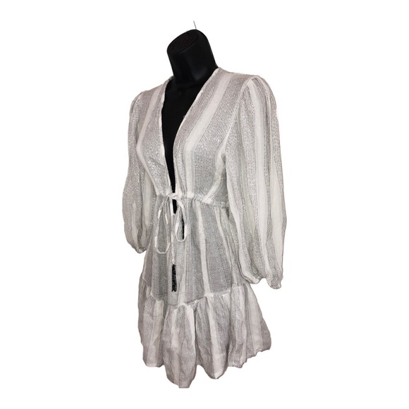 Blue Island white silver metallic low cut blouson sleeve embroidered mini dress - Picture 6 of 16